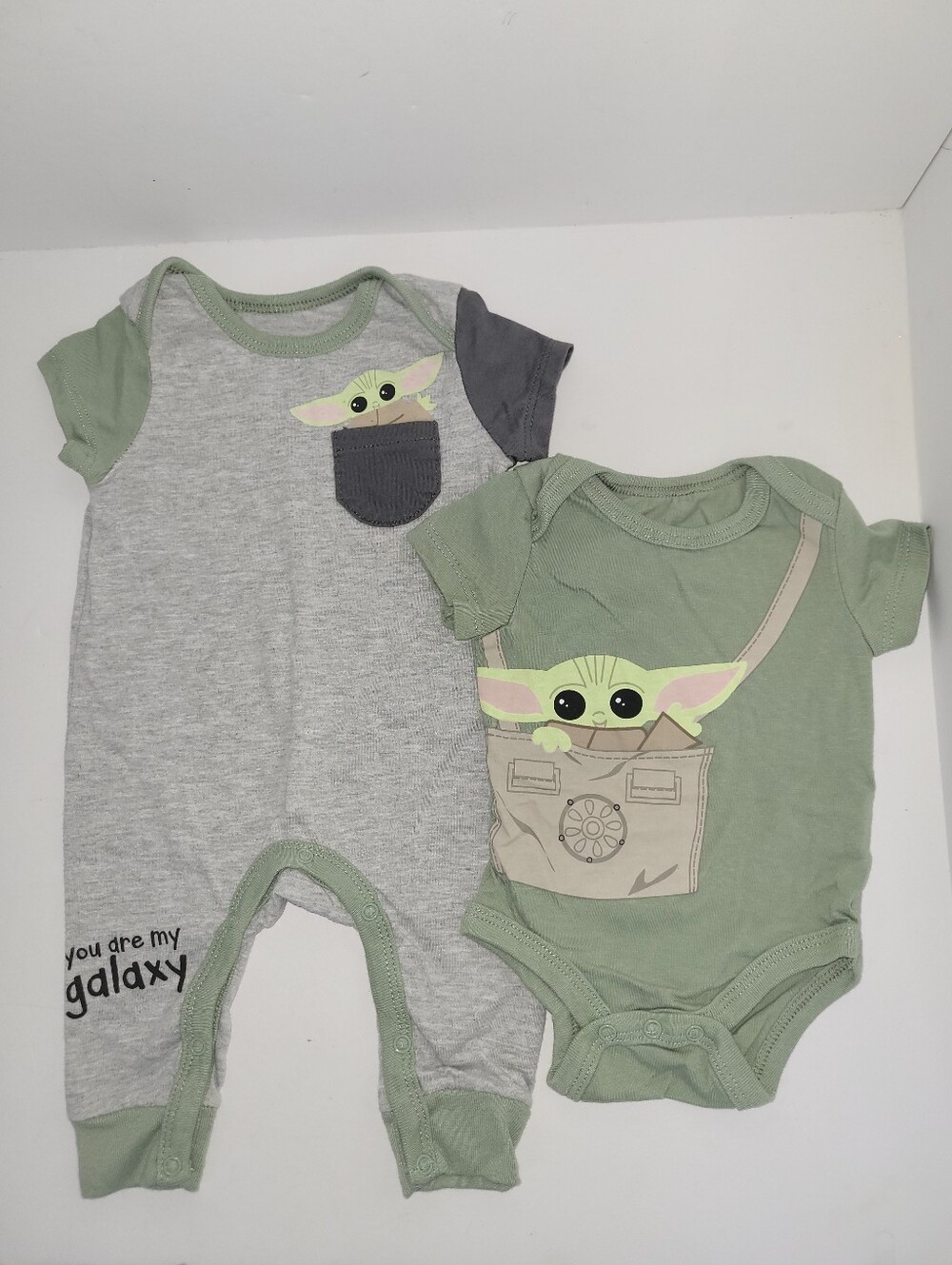 Star Wars Size 0-3 Months Green Baby Yoda Grogu Romper & Onesie Bundle